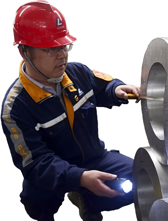 A worker is checking the condition of peeled and bored aluminum billet